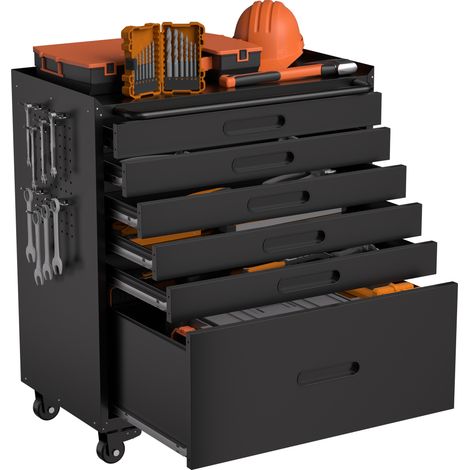 Armoire roulante d'atelier à 6 tiroirs, meuble de rangement mobile pour garage avec système de tiroirs continus pour petites pièces et outils, construction robuste en acier épais, dimensions H 87,3 ×  (1/5)