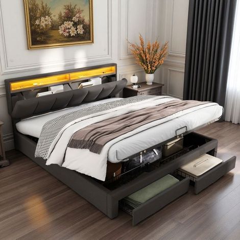 Hydraulisches Erwachsenenbett 160x200 cm mit Stauraum, LED-Beleuchtung, atmungsaktive Leinenoberfläche - Doppelbett mit modernem Design, Grau