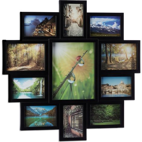 Cadre photos pêle-mêle collage décoration 61,5 x 61,5 x 2 cm pour 11 photos en plastique noir (1/3)