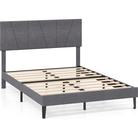 COSTWAY Cadre de Lit 2 Personnes avec Sommier, Tête de Lit Double Rembourré 140 x 200 cm, Réglable en Hauteur, Lattes en Bois, Montage Facile, Silencieux, Gris Foncé (207 x 145 x 95-110 cm) (1/5)