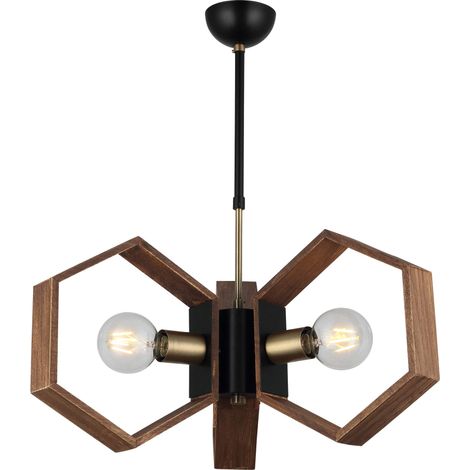 Lampe à Suspension Lugo pour plafond, salon, bureau, lustre, pendentif, lumière, or, noir, bois, métal, 47 x 47 x 69 cm (1/2)