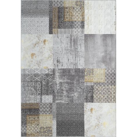 Tapis salon et chambre en coton 80x250 gris et or rectangle tissé motif damier CARRAL (1/5)