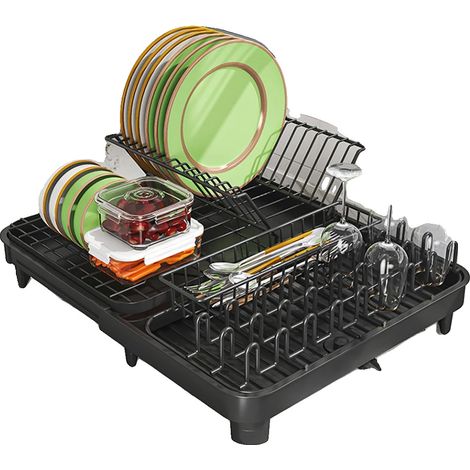 Escurridor de platos de acero al carbono, de 32 a 52 cm de largo, 41 cm de ancho y 14 cm de alto, con sistema de drenaje central. (1/5)