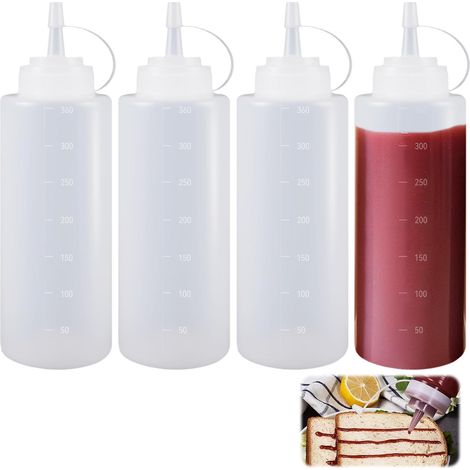 Ce lot de 4 flacons souples transparents de 360 ml est idéal pour les condiments, la moutarde, le ketchup, la mayonnaise et l'huile d'olive. (1/5)
