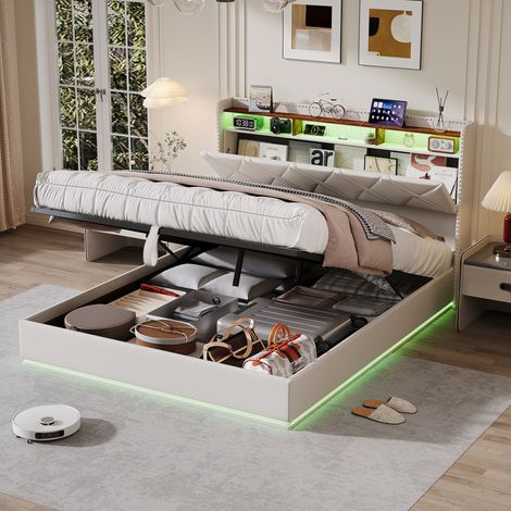 JOOKGBD-Letto a contenitore matrimoniale 140x200cm in lino beige con testiera LED RGB porta USB ricarica stoccaggio idraulico rete a doghe struttura robusta camera letto adulti (1/5)