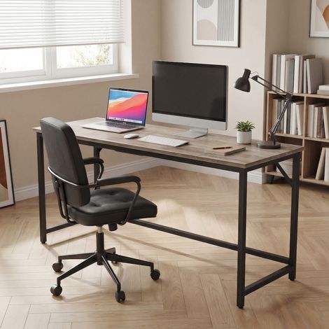Bureau d’Ordinateur, 140 x 50 x 76 cm, pour Chambre à Coucher, Salon, Grège Chiné et Noir (1/5)