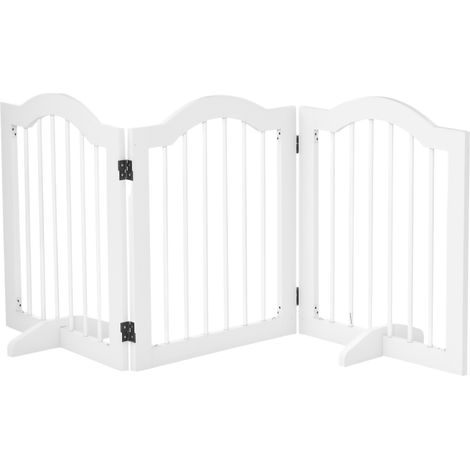 Barrière indépendante 3 panneaux bois massif laqué blanc 154,5×29,5×61 cm, 2 pieds de soutien, pliable, multi‑configurations, chiens garrot 41 cm, assemblage requis (1/5)