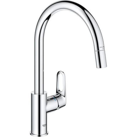 Robinet de cuisine - Chromé - Bec haut en C - Mousseur extractible - Rotation 360° - Limiteur de débit - GROHE Start Flow - (1/2)