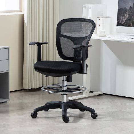 Silla de oficina giratoria con reposapiés y respaldo curvo, silla ergonómica de poliéster, espuma y plástico, altura regulable, 55x58x94 cm, negra.