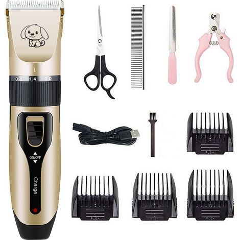 Tondeuse Pour Animaux - Sans Fil Rechargeable - Faible Bruit - Moteur Rotatif Puissant - Lame Acier Inoxydable - Kit Comprend 4 Peignes Réglables - 220 g - Or (1/4)