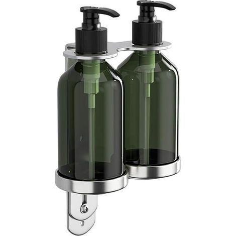 Distributeur de savon mural manuel avec pompe porte-bouteille pour salle de bain et cuisine, capacité de 300 ml, base en acier inoxydable, compatible avec shampooing, gel douche, lotion (2 bouteilles) (1/5)