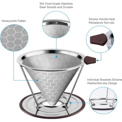 Kaffeefilter aus Edelstahl für langsames Brühen, abnehmbarer Filterhalter mit Ständer, wiederverwendbarer konischer Filterhalter (1/5)