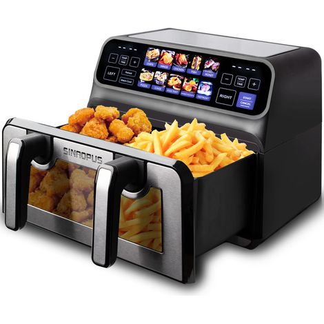 Friteuse à air 9L 2200W double panier, air fryer sans huile avec écran tactile LED, 10 programmes de cuisson automatique, minuterie et contrôle intelligent
