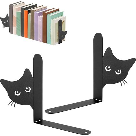 Serre Livres en Métal, Motif Chat Serre-Livres pour étagères avec Tapis Antidérapant, Support de Livre Noir cale Livre pour l'école Le Bureau la Maison