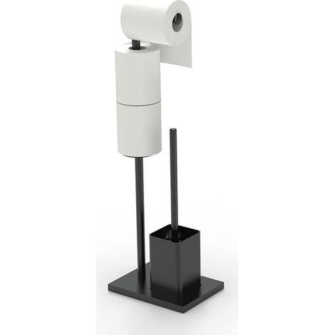 Porte Papier Toilette sur Pied avec Brosse WC, Support de Rouleau de Papier Toilette avec Réserve en Acier Inoxydable, Dérouleur sans Perçage (Noir Mat) (1/5)