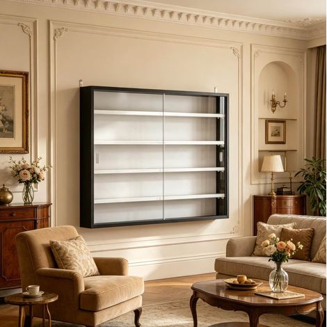 Vitrina mural con puertas correderas de cristal y 4 estantes ajustables 80 x 9,5 x 60 cm OKWISH (1/5)