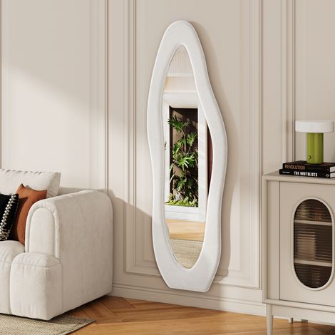 Miroir sur pied 160x50 cm à forme ondulée déco, cadre en flanelle douce anti‑choc, miroir à poser au sol ou à fixer au mur pour chambre, salon, dressing - Blanc (1/5)