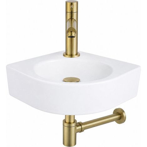 QeramiQ Fuente Pack Lave-mains d'angle - 30x30x10cm - 1 trou de robinet - céramique - robinet Laiton brossé - Blanc (1/5)