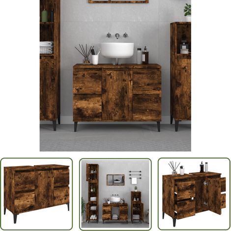 The Living Store Waschbeckenunterschrank Räuchereiche 80x33x60 cm Holzwerkstoff - Waschbeckenunterschrank - Badezimmermöbel - Holzwerkstoffschrank - Rauchereiche - Spiegelschrank (1/5)