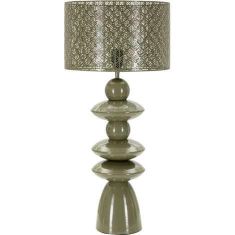 Lampada da tavolo in metallo verde con paralume intagliato (1/5)