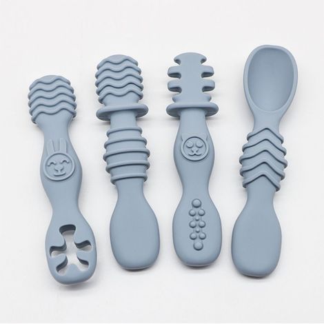 (Bleu) Lot de 4 cuillères pour bébé en silicone, adaptées aux bébés de 6 mois et plus. (1/5)