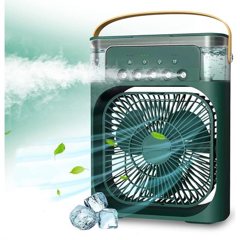 Condizionatore d'aria portatile, 3 velocità del vento, 3 modalità di nebulizzazione, raffrescatore d'aria con 5 ugelli spray e luci colorate (verde) (1/5)