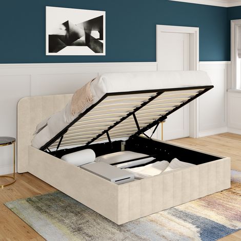 Cama de matrimonio ALBA con cabecero de terciopelo beige 140 x 190 cm (1/5)