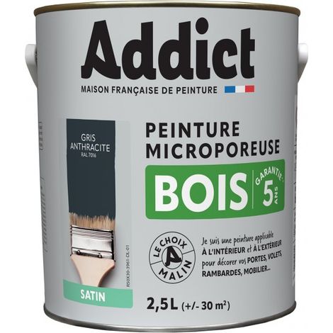 Peinture glycéro microporeuse 2.5L gris anthracite – Protection bois intérieur et extérieur – Régule l'humidité – Aspect satiné – Addict