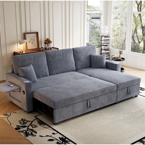 Sofá cama modular de pana gris con almacenaje, puertos USB y Type-C, portavasos y mesa auxiliar (1/5)