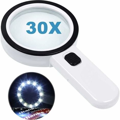 Reading magnifier with 12 LED lights, double glass lens with 30x magnification. For easily reading coins, stamps, and cards. - LIAIKI