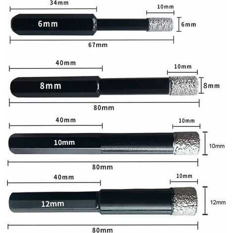 Set di punte da trapano, set di punte diamantate, punte a tazza diamantate professionali - 6 mm 8 mm 10 mm 12 mm (4 pezzi) (1/4)