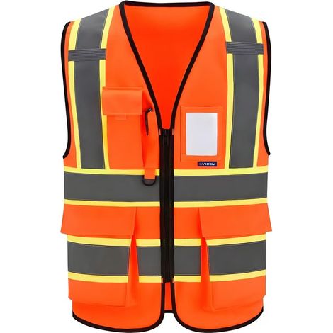 Deux gilets de sécurité, disponibles en plusieurs couleurs, avec 7 poches, gilets de sécurité réfléchissants de niveau 2, avec bandes réfléchissantes sur le devant, unisexes, orange et vert fluorescen (1/5)