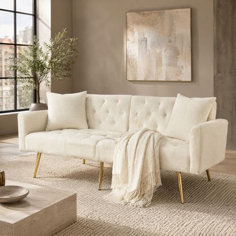 Divano 2 posti con schienale regolabile in 3 posizioni, beige, 2 cuscini, gambe metalliche DESVIAE (1/5)