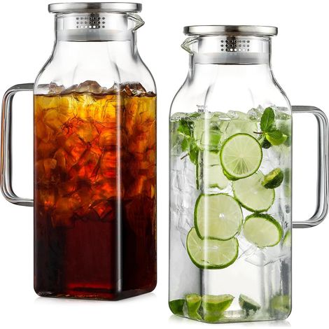 Carafe En Verre Borosilicate - 2 L - Avec Couvercle Et Poignée - Pour Thé Glacé Café Lait Et Boissons Froides Ou Chaudes - Lot De 2 (1/5)