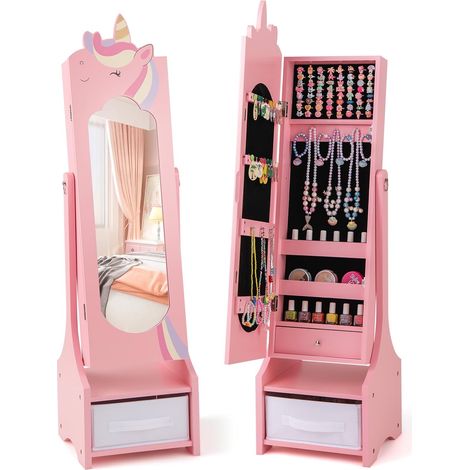 Goplus – Armoire à bijoux enfant fille avec miroir pleine longueur – 2 angles réglables – 18 emplacements pour boucles d'oreilles – Motif licorne – Rose (1/5)