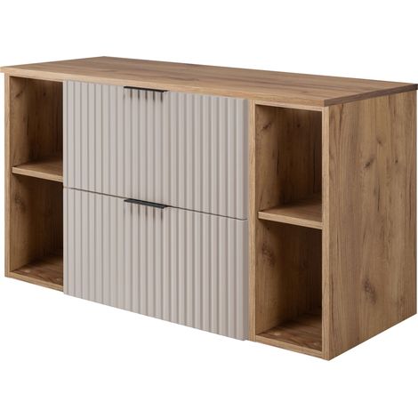 Furnidea - Meuble sous vasque FLOW CACHEMIRE 100 cm avec 2 x l'étagères - extensions et plan CHÊNE - 2 tiroirs - façades rainurées (1/5)
