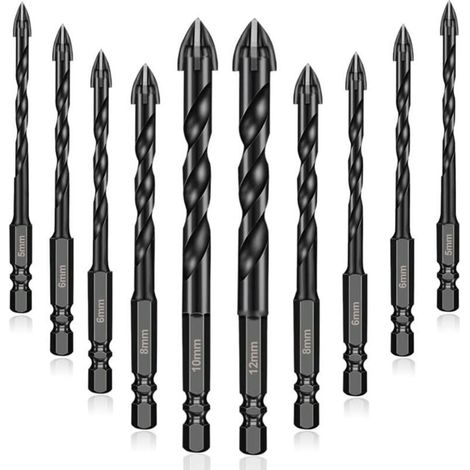 10Pcs forets à maçonnerie en carbure de tungstène, Forets Pour Carrelage Verre pour porcelaine, carrelage, béton, mur de brique, verre, miroirs, plastique, et bois - 5/5/6/6/6/6/8/8/10/12mm (1/5)