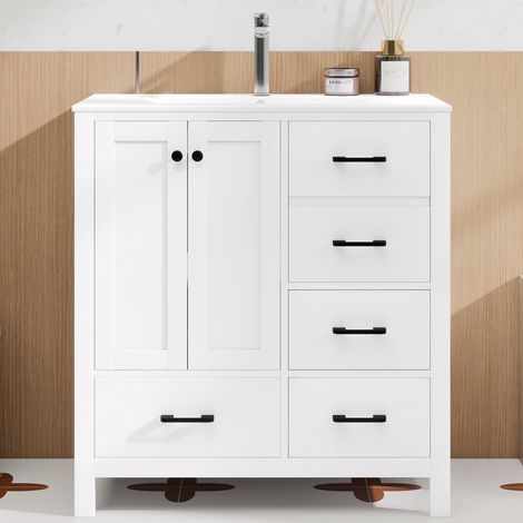 Meuble lavabo autoportant salle de bain 76 x 46 x 82 cm, finition laquée, plusieurs tiroirs étagères réglables, vasque céramique intégrée, blanc (1/5)