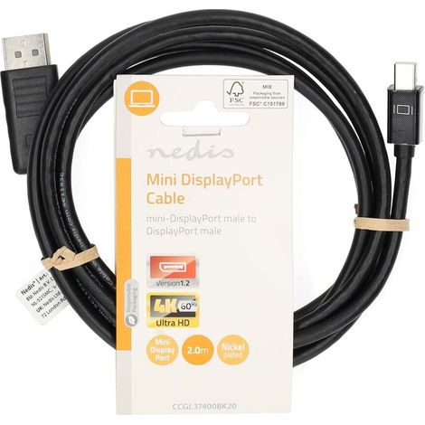 Nedis Mini Displayport-Kabel / DisplayPort 1.2 / Mini DisplayPort Stecker / DisplayPort Stecker / 21.6 Gbps / Vernickelt / 2.00 m / Rund / PVC / Schwarz / Label