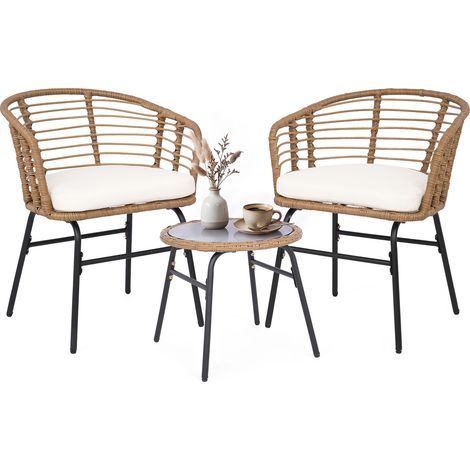 Salon de Jardin en Rotin, 2 Fauteuils & Table Basse, Plateau en Verre Trempé, Coussins Rembourrés Amovibles, pour Balcon, Cour, Terrasse, Piscine (1/5)