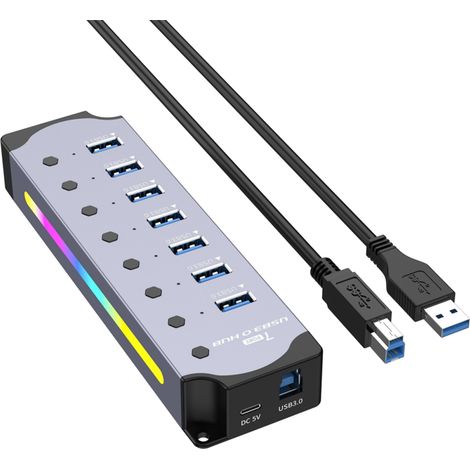 Hub USB 3.0, hub RGB a 7 porte con striscia LED, alloggiamento in alluminio, spina europea. (1/4)