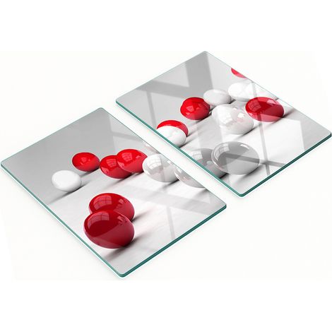 Deux planches à découper décoratives en verre pour la cuisine, motif boules rouges et blanches, 2 x 40 x 52 cm (1/5)