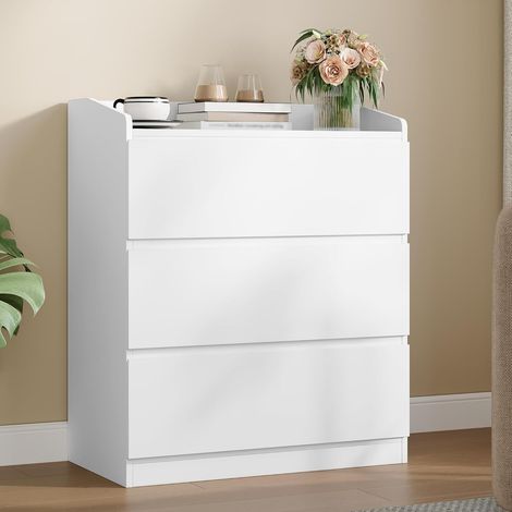 Commode 86 cm, Commode à 3 Tiroirs, Meuble de Rangement, Casier avec Rambarde Supérieure, Style Moderne, Convient pour Le Salon et la Chambre, Blanc