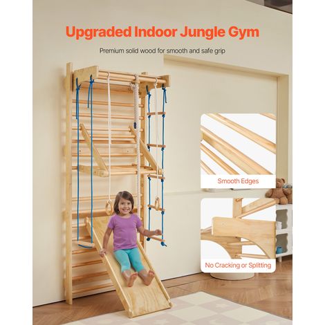 Espalier en Bois Massif, Échelle Suédoise Murale 15 Niveaux, Charge 99,8 kg, avec Toboggan, Barre de Traction, Anneaux de Gymnastiq… (1/5)