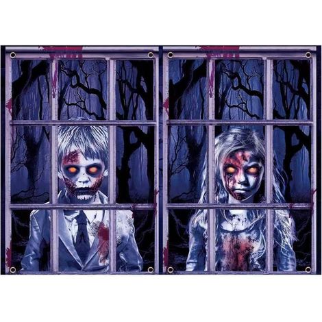 Décorations d'Halloween pour fenêtres : rideaux, guirlandes, ensemble deux pièces, fanions pour une fête d'Halloween sur le thème d'une maison hantée en extérieur - 80 x 120 cm (deux pièces) - NG-23