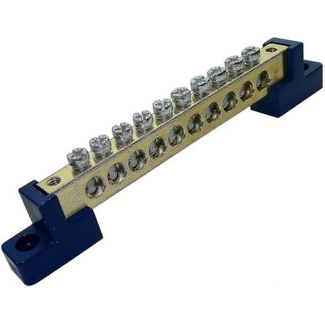 Bornier de distribution non isolé (neutre), 10 broches, 110 mm, couleur bleu/laiton (1/3)