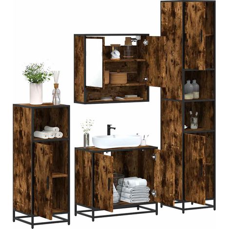 Ensemble meubles salle de bain 4 pièces, chêne fumé, bois d’ingénierie et métal, 96.95kg - PANGIVO (1/5)