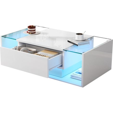 Table basse 100cm blanc verre trempé, 1 tiroir LED design minimaliste