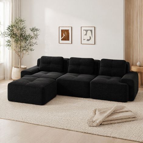 Modulares Sofa Cord Schwarz mit 74 cm Tiefsitz, boneless Design, montagefrei (1/5)