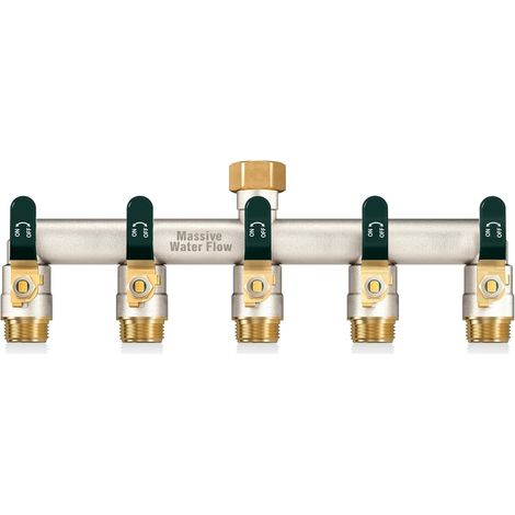 3voies Distributeur d'eau à double débit, distributeur 3/4 pouce, construction robuste en laiton nickelé, adaptateur de robinet extérieur haut poignée métallique allongée-poignée verte - 5 (1/5)